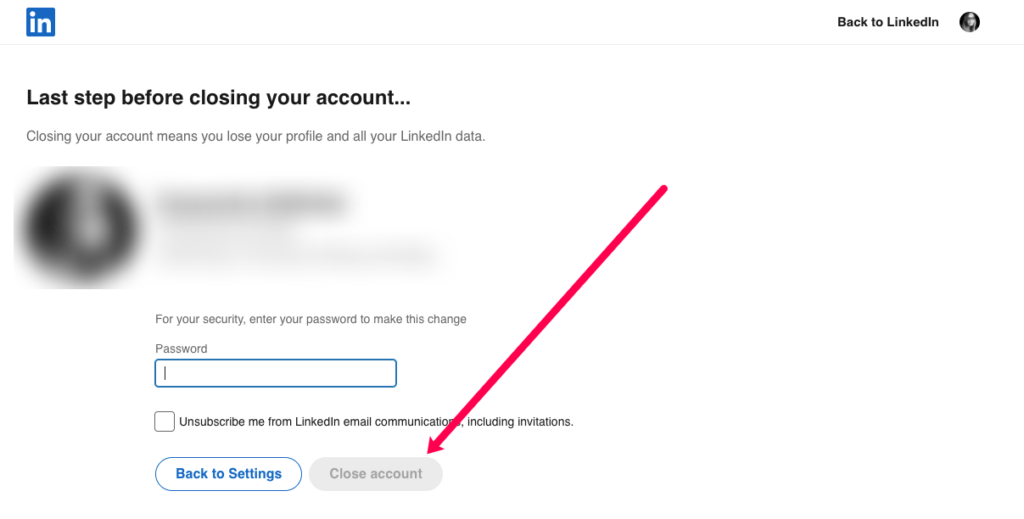 Choose Continue to proceed with permanent account deletion