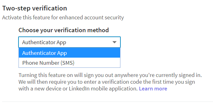 Enabling Two-Step Verification at Login on linkedin