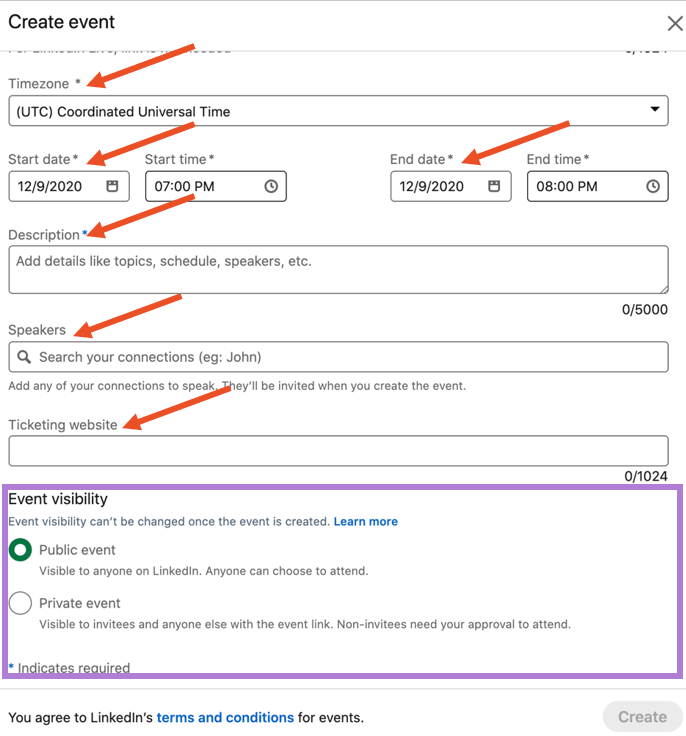 create linkedin event