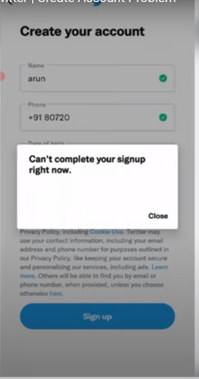 Twitter Can't Complete Sign Up