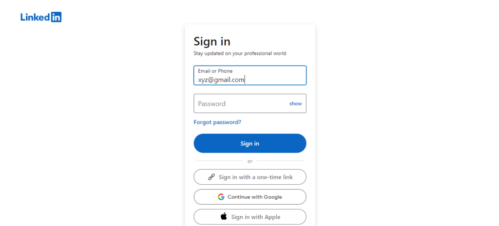 Enter your email address to linkedIn