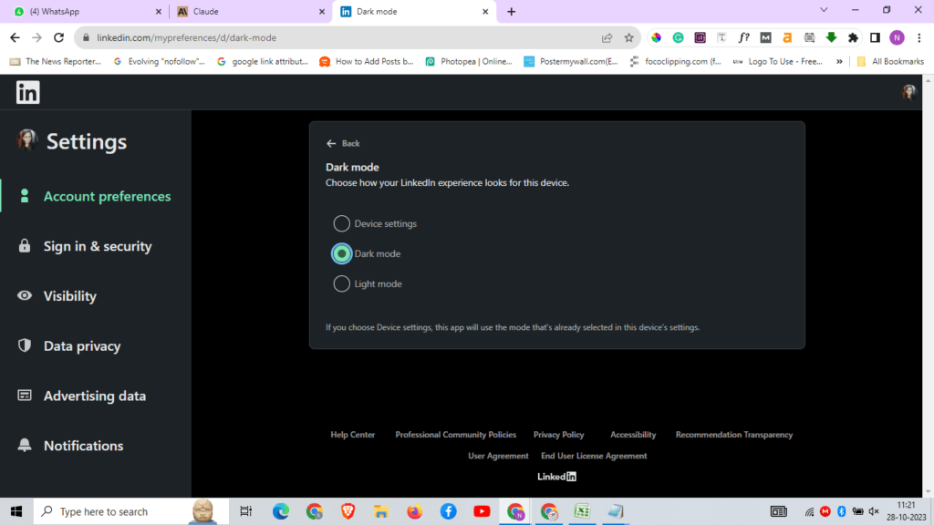 Turning on Dark Mode on the LinkedIn Website On Google Chrome