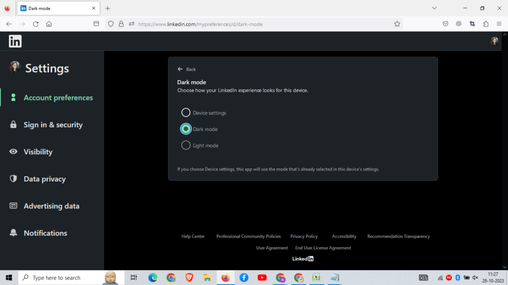 Turning on Dark Mode on the LinkedIn Website On Mozilla Firefox